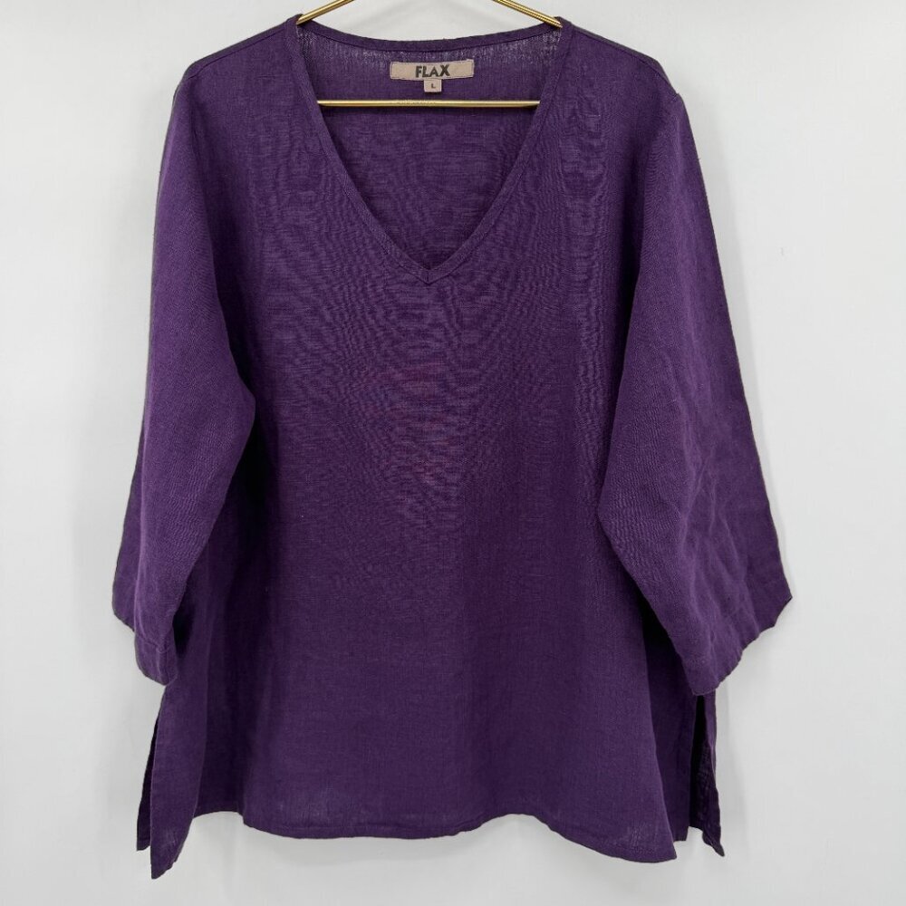 FLAX 100% Linen 2 Piece Set Purple Lagenlook Top & Pants Women's L - Picture 9 of 16